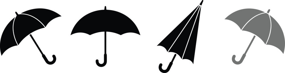 Umbrella silhouette collection featuring open and closed parasols in black and gray isolated on white background for weather and rain protection vector design © Creative Vector