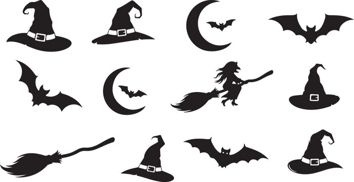 Halloween icons set with witch hats and bats flying