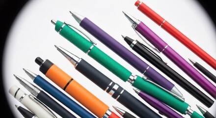 Fototapeta premium Assorted pens in various colors and styles arranged diagonally against a white backdrop