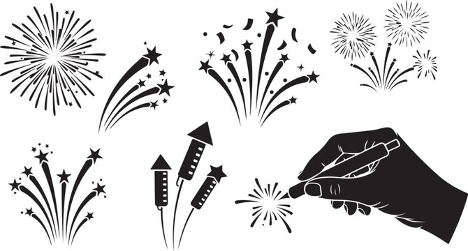 Fireworks Explosions and Hand Holding Sparkler in Black Silhouette