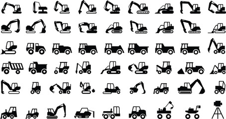 Silhouette icons of construction machinery, excavator, bulldozer, dump truck, forklift, crane, heavy equipment vehicles, industrial illustration, engineering design, building industry tools © MDMAHOMUDUL