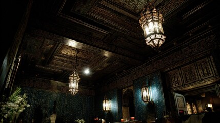 Obraz premium Ornate interior space features richly detailed dark wood ceiling and glowing traditional lanterns