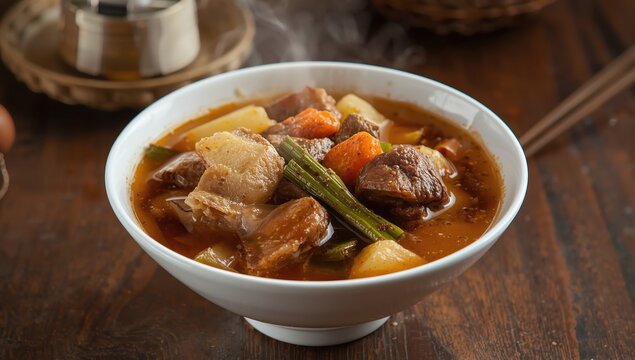 Sop Iga (Beef ribs soup) is Indonesian soup. Made from ribs, carrots, leeks, and potatoes. Served in white bowl