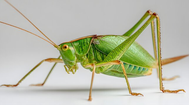 Close-up Macro Shot of a Vibrant Green Katydid Insect on a White Background.