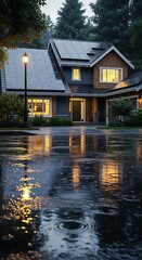 Obraz premium Modern house with solar panels on roof during rainy evening with warm interior lights on