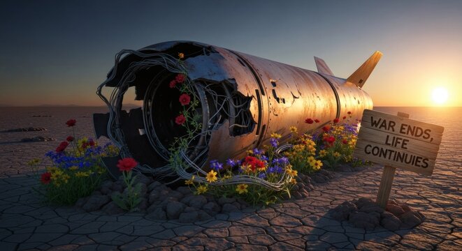 Abandoned Burnt Military Jet War Memorial with Flowers at Sunset Symbolizing Hope and Peace