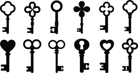 Collection of vintage skeleton key silhouettes and ornate antique key icons for mystery,