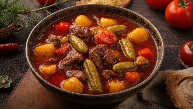 Tatar cuisine, Tatar food, azu. Beef stewed with potatoes and pickles. Meat ragout. Copy space