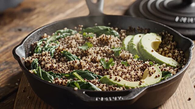 high-resolution studio photograph of cooked quinoin cast iron pan, placed on rustic wooden table, representing healthy vegan food with predominant brown and green tones for lifestyle concep