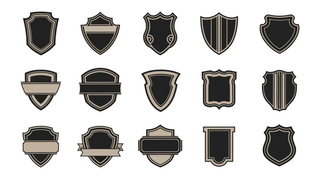 Collection of shield shaped badges and emblems on black background