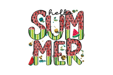 Obraz premium Hello Summer, Text with Cactus Leopard and Watermelon Patterns t-shirt Sublimation Design