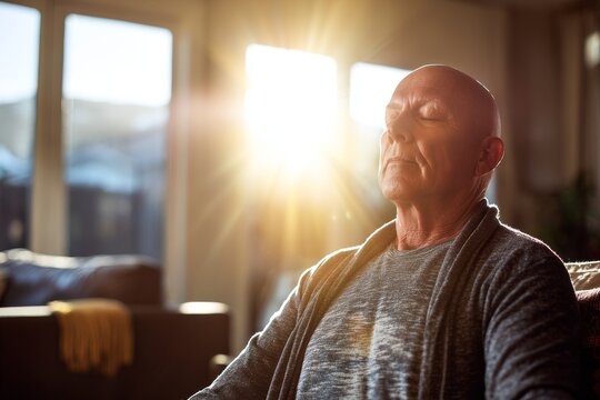 Older man sits with eyes closed while sun shines through the window.