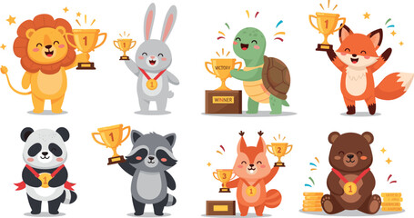 Cute cartoon animal winners holding trophy cups and medals illustration set featuring lion rabbit turtle fox panda raccoon squirrel bear characters © Vector Design Hub