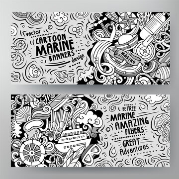 Cartoon vector doodle set of Marine banners templates. Corporate identity for the use on invitations, cards, apps, branding, flyers, greeting cards, postcards, web design. Funny line art illustration.