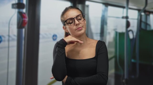 Woman covering mouth with hand while yawning inside a bus on street transit; sleepiness commute.