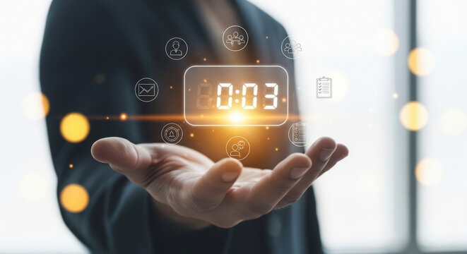 Businessman holding digital timer with glowing orange light and icons
