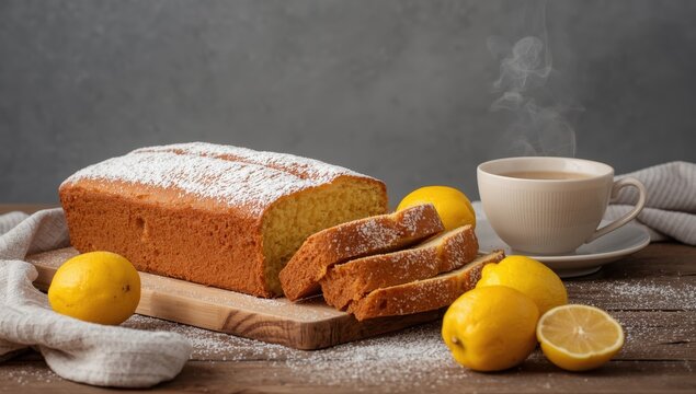Freshly baked pound cake dusted with powdered sugar, served with lemons and a cup of tea or coffee on a rustic grey background. Classic sliced loaf