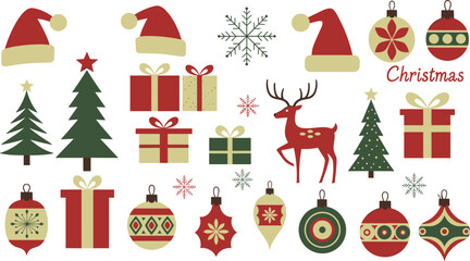 Fototapeta premium Christmas Holiday Decoration Elements Set Santa Hats Gifts Trees Reindeer Snowflakes and Ornaments Vector Illustration