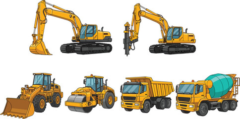 Construction machinery vehicles collection excavator loader roller dump truck mixer flat vector illustration set isolated © EdGe Creative