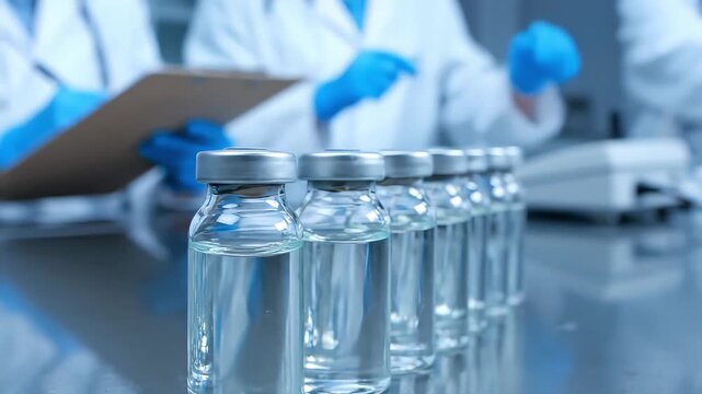 Row of clear glass vials containing liquid in a laboratory setting with scientists in the background.