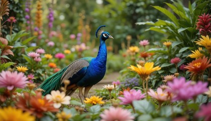 Fototapeta premium Peacock Displaying Vibrant Feathers Amidst Colorful Flowers in Lush Garden Setting