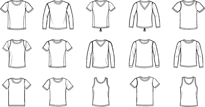 A collection of black and white line drawings of various t-shirt styles
