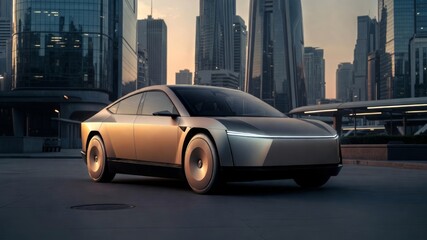 Naklejka premium Sleek Modern Electric Car in Urban Cityscape at Sunset