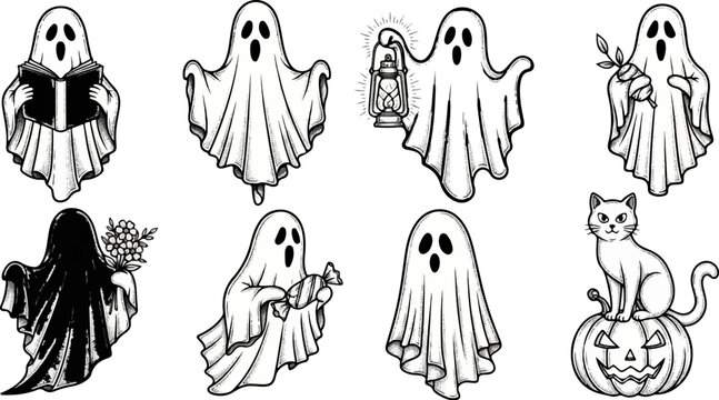 A collection of spooky, hand-drawn illustrations featuring friendly ghosts and a black cat on a pumpkin