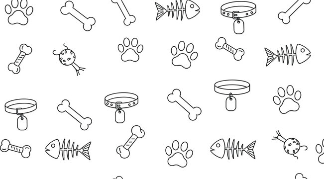 Cute Pet Pattern with Paw Prints, Bones, Fish Skeletons and Dog Toys Seamless Background