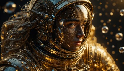 Obraz premium Portrait of an Astronaut with Golden Glitter and Bubbles in a Cosmic Space Environment