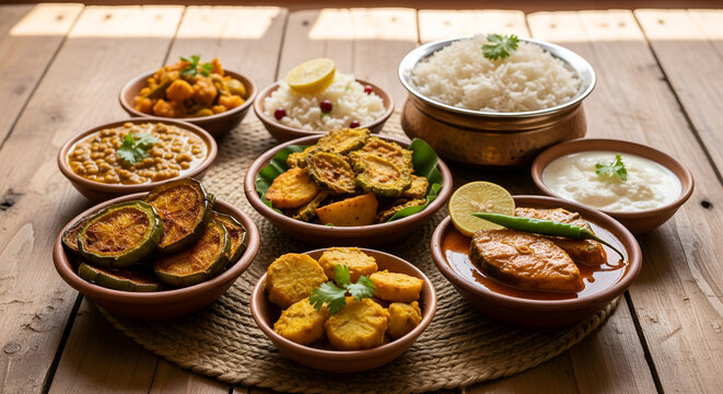 Traditional Bengali Fish Curry Thali with Rice and Various Vegetable Side Dishes