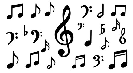 Fototapeta premium Music notes vector set with treble clef and various black musical symbols featuring illustration, melody, harmony with