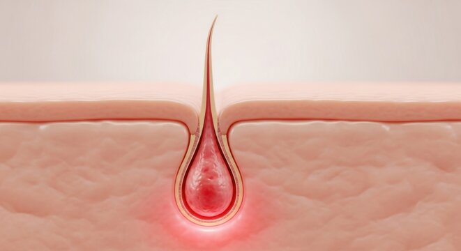 Closeup illustration of a skin pore with a red inflamed pimple or zit on human skin