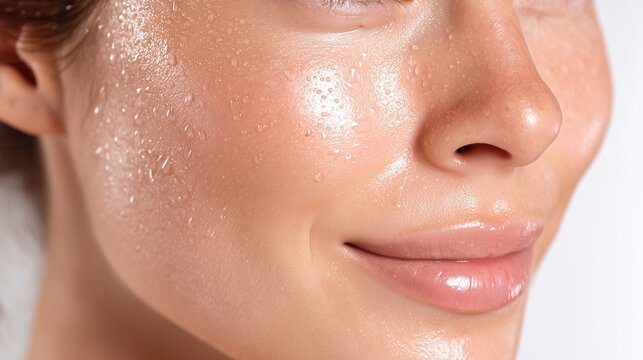 Glowing cheek with gentle mist droplets, dewy skin texture and soft smile on close up face, radiant skincare hydration and natural beauty glow