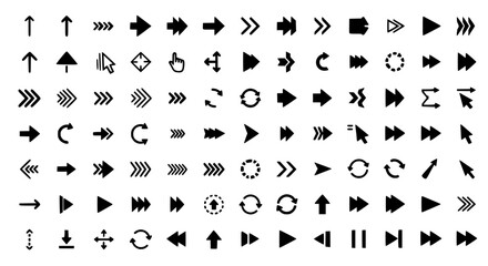 Arrows icon set with various black directional symbols and navigation signs. featuring icons, pointers, indicators with