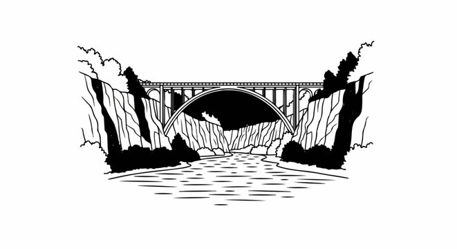 A grand arch bridge spans a river between rocky cliffs and lush trees