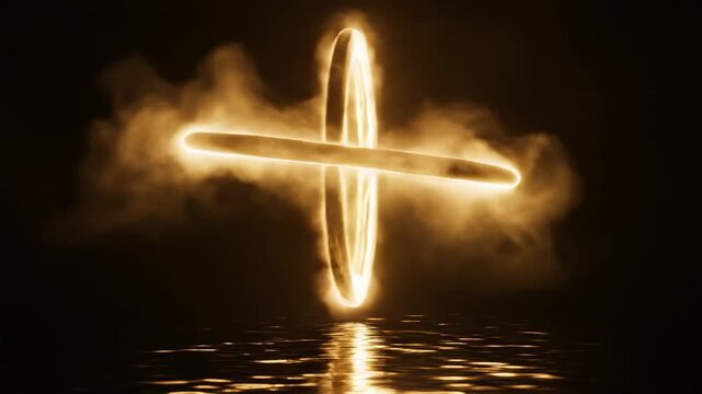 Video of radiant golden halo forming seamless loop animation, spiritual light symbol and modern prestige backdrop for advertising and corporate visuals with perfectly symmetrical circular glow