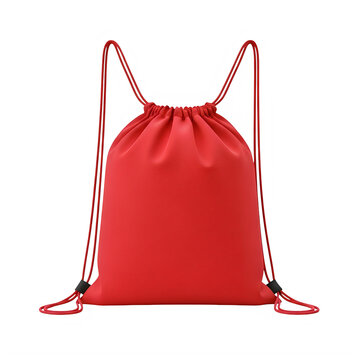 Red drawstring bag with adjustable straps isolated on transparent background