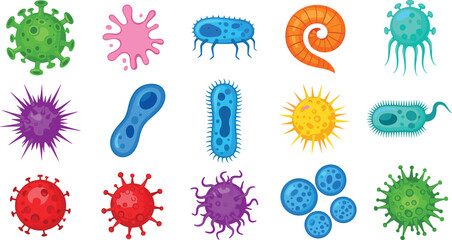 Bacteria and virus microbes collection colorful microbiology germs pathogens flat vector illustration set isolated