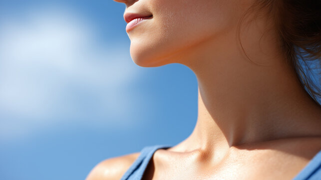 Young woman clavicle and neck close up in soft sunlight with clear blue sky background conveying calm and natural wellness