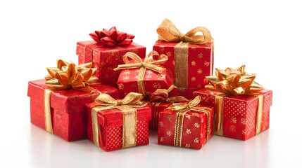 Fototapeta premium A Generous Pile of Red Gift Boxes with Golden Ribbons.