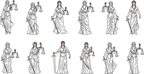 Obraz premium Collection of twelve Lady Justice illustrations with scales, sword and blindfold variations for law and judicial vector design projects
