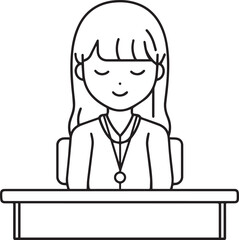 Obraz premium Hand Drawn Woman Sitting at Desk Black and White Avatar Illustration in Minimal Line Art Style Design