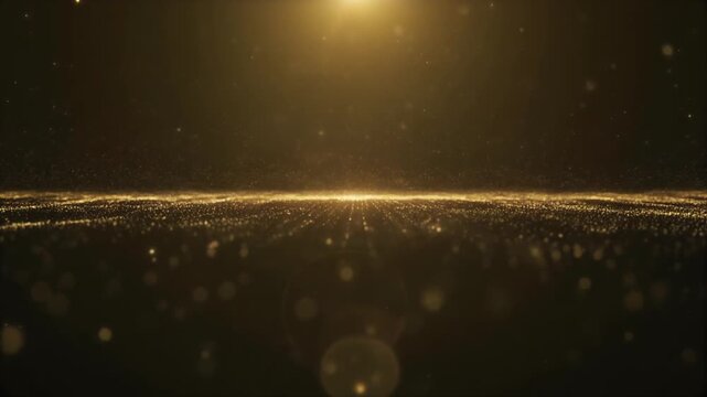 Golden particles drift across a dark background with bright light source above, cinematic motion