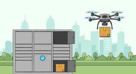Naklejka premium Vector illustration of a drone delivering a package to a secure parcel locker with a city skyline in the background