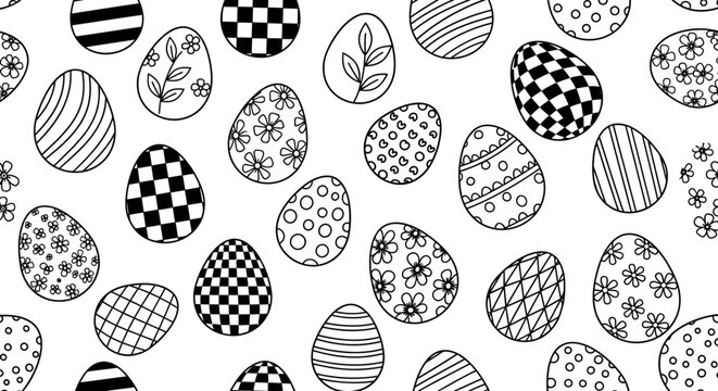 Easter eggs with various black and white patterns and designs on white background, decorative seasonal motif, simple line art style, holiday decoration concept