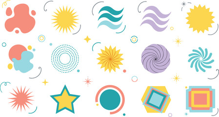 Fototapeta premium Vector Illustration Set of Abstract Geometric Shapes and Symbols Including Stars Sunbursts Waves and Modern Graphic Design Elements Isolated on White