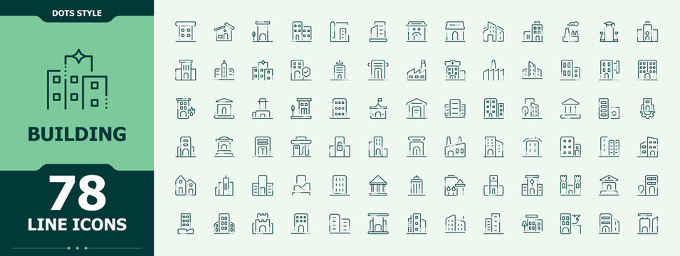 Building icon. Includes symbols for architecture, museum, house, villa, shop, real estate and more. Construction icon. Sign and Symbol. Editable stroke collections.