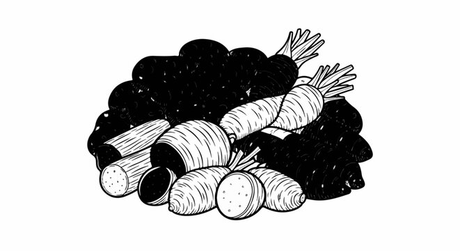 A black and white illustration of a pile of various root vegetables