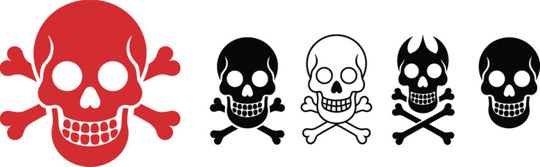 skull, crossbones, pirate, danger, poison, symbol, icon, set, vector, illustration, halloween, hazard, warning, skeleton, death, black, red, isolated, design, collection
